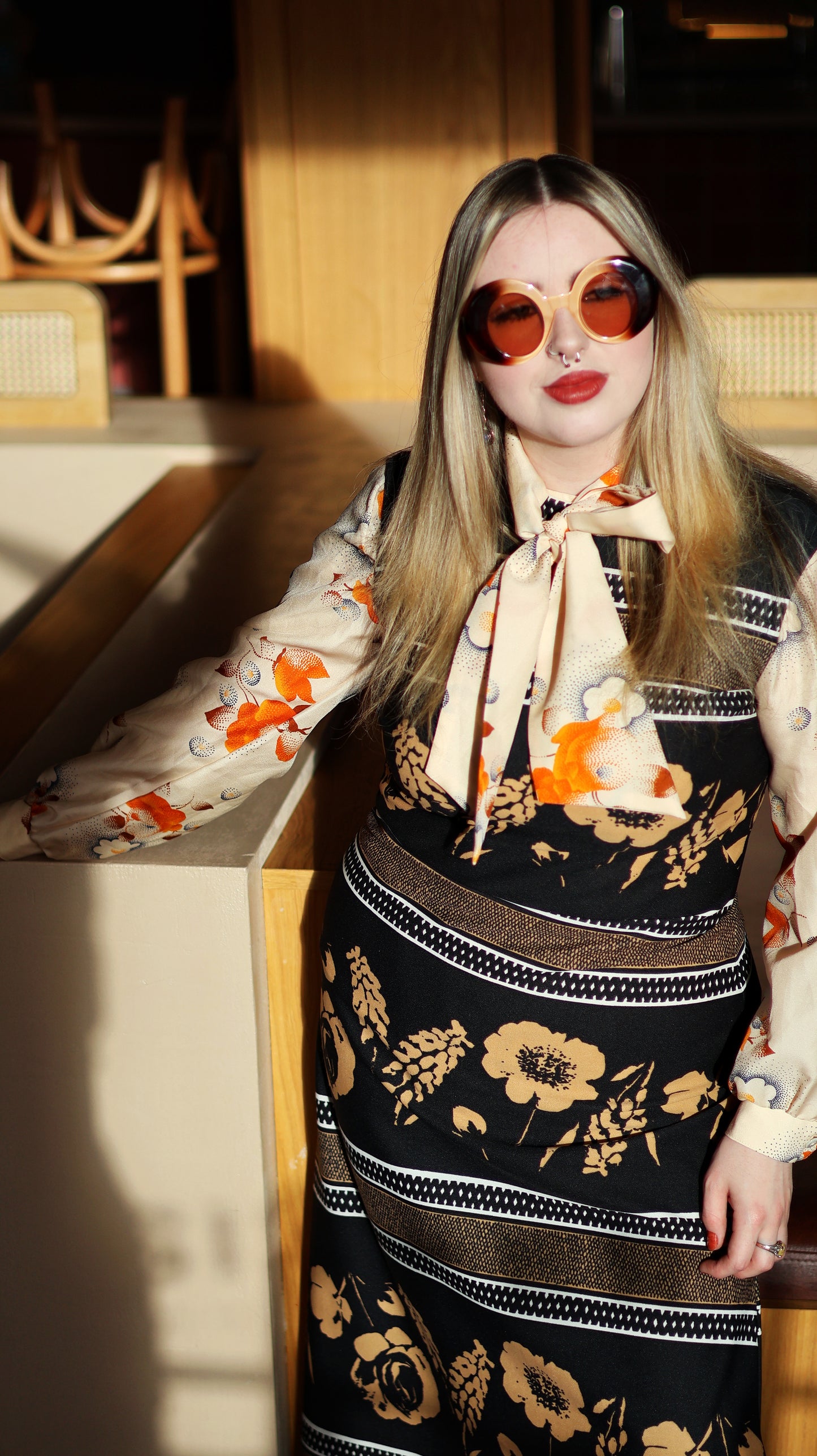 Vintage 70s Black and Beige Floral Maxi Dress