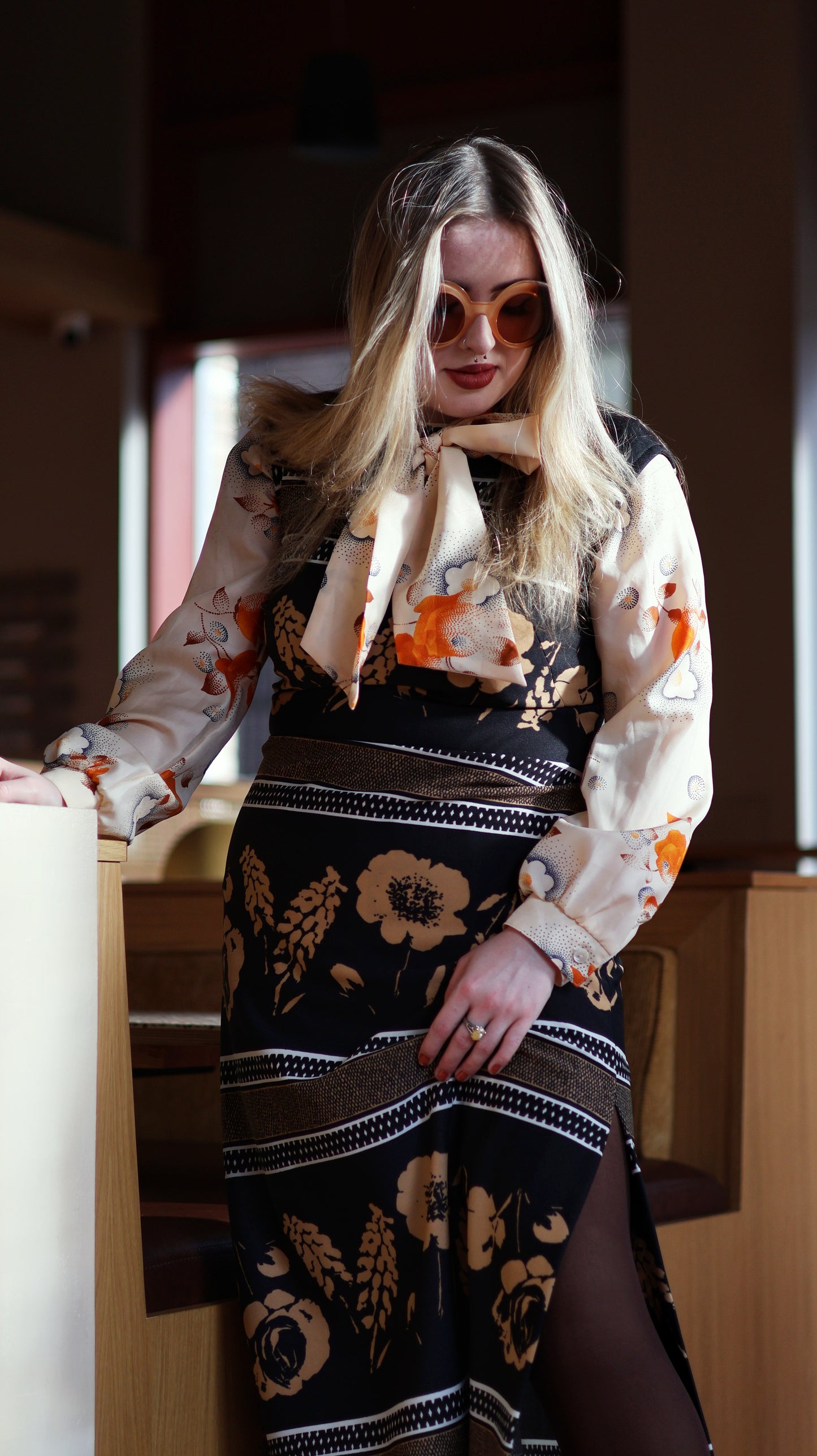 Vintage 70s Black and Beige Floral Maxi Dress