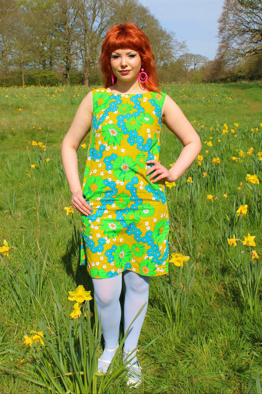 Vintage 60s Yellow Day Glo Floral Mini Dress