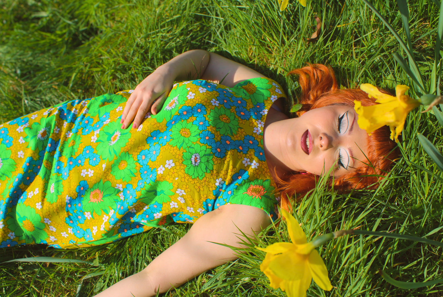 Vintage 60s Yellow Day Glo Floral Mini Dress