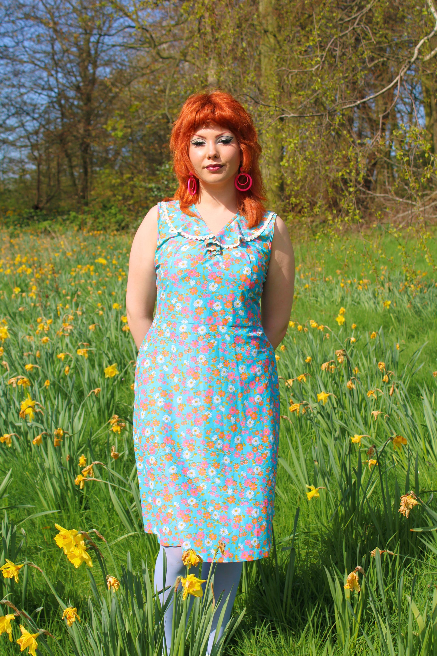 Vintage 60s Blue Floral Frill Neck Dress