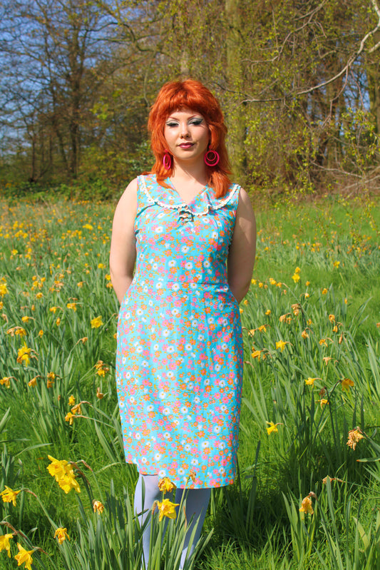 Vintage 60s Blue Floral Frill Neck Dress