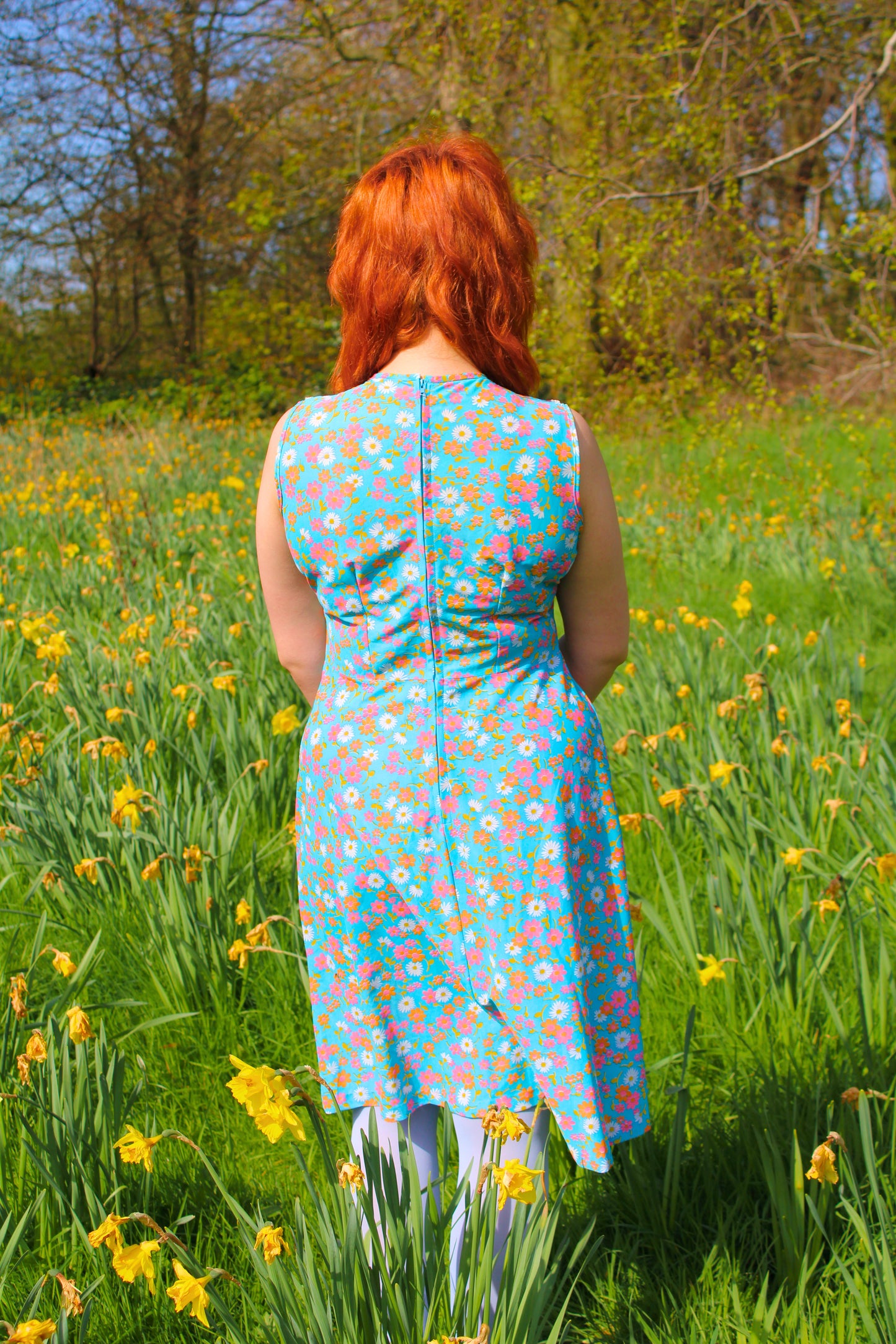 Vintage 60s Blue Floral Frill Neck Dress