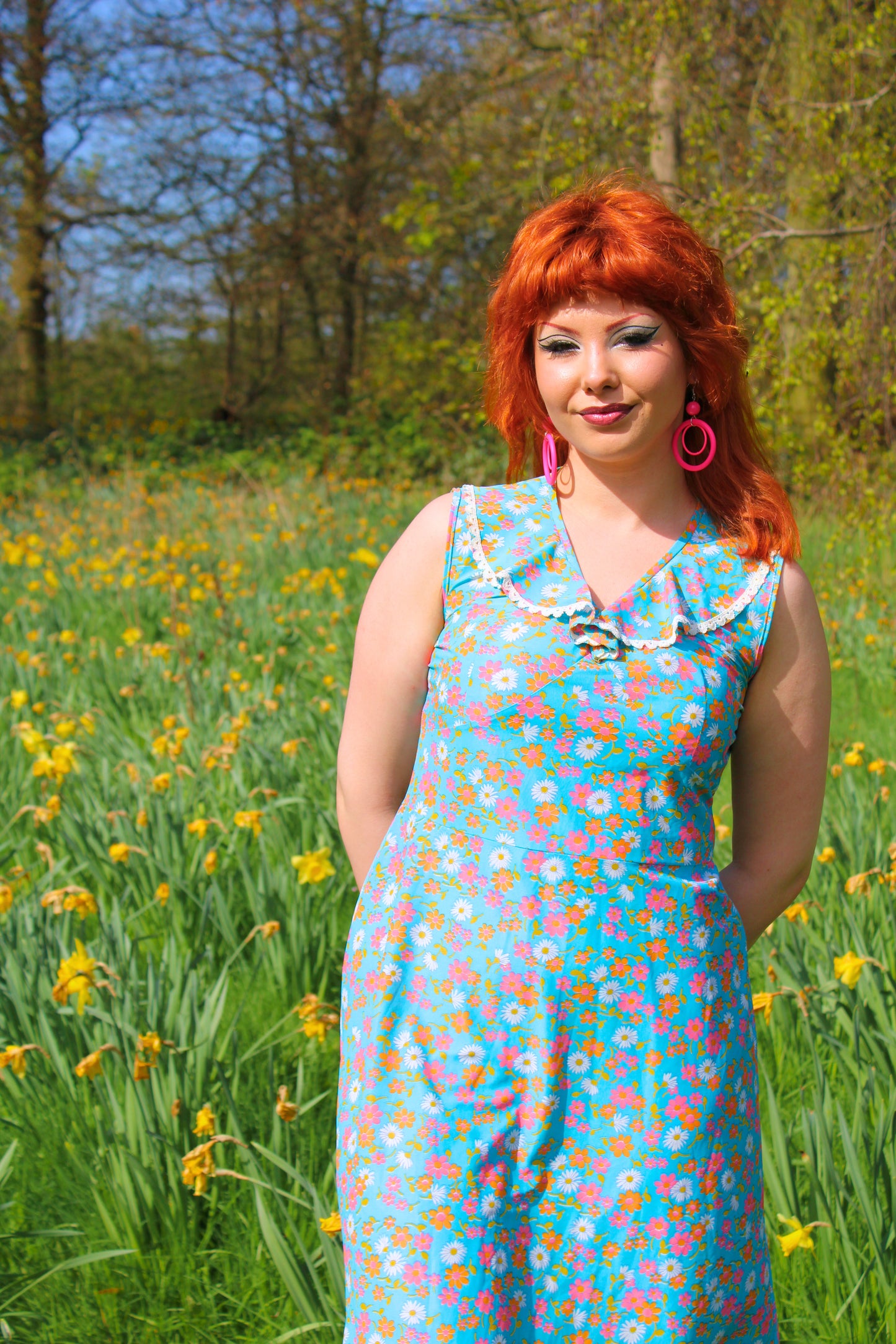 Vintage 60s Blue Floral Frill Neck Dress
