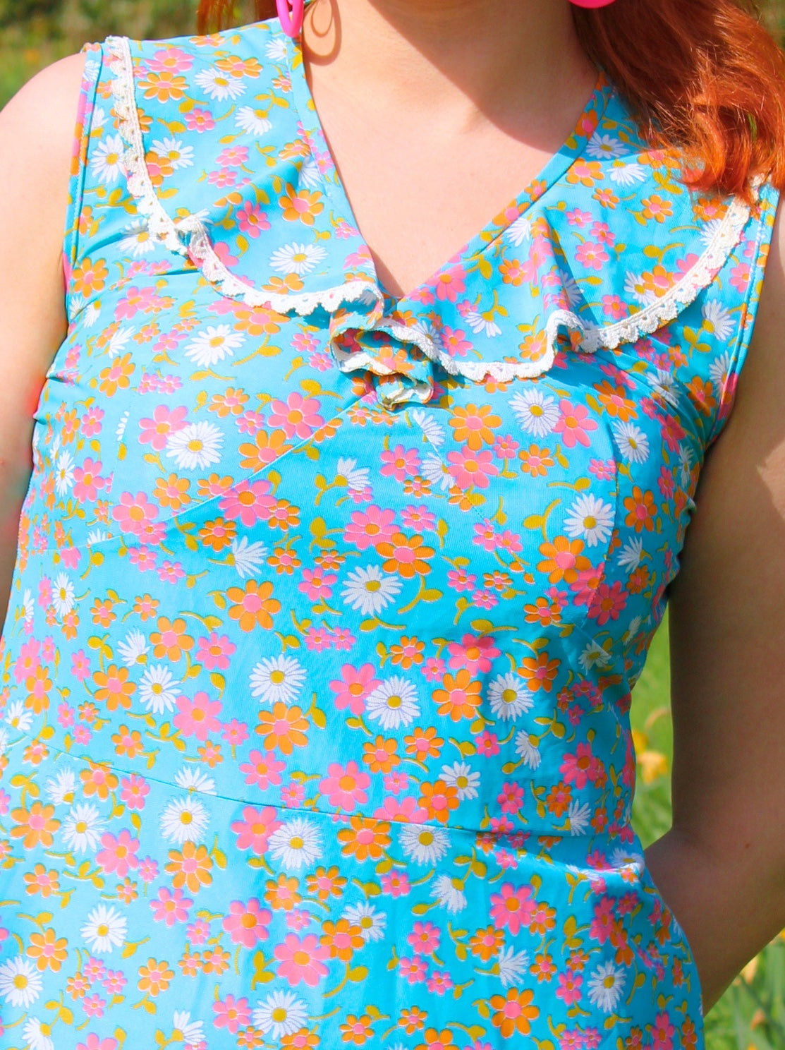 Vintage 60s Blue Floral Frill Neck Dress