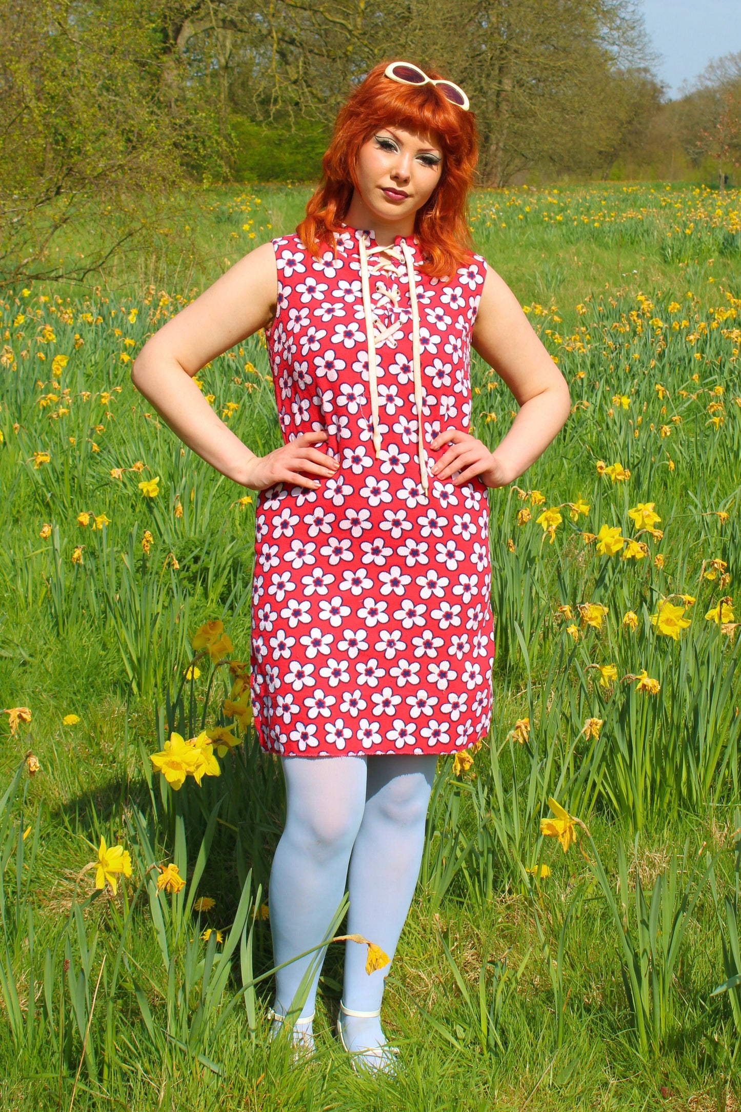 Vintage 60s Red and White Floral Towelling Dress
