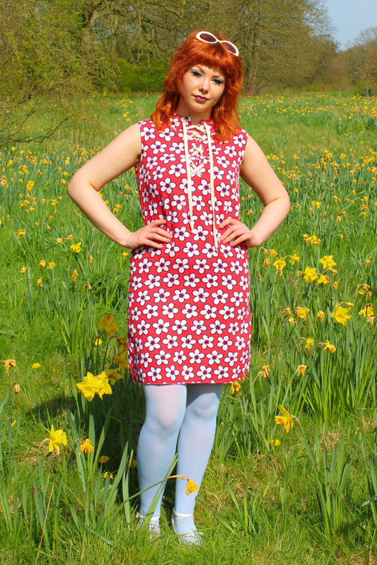 Vintage 60s Red and White Floral Towelling Dress