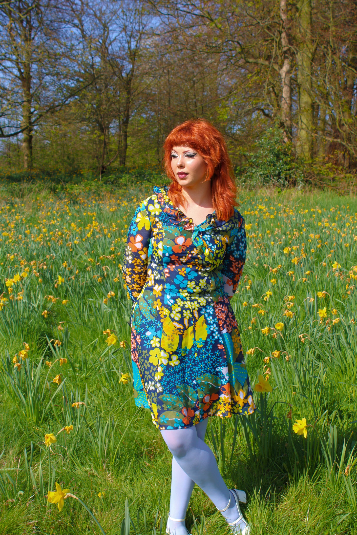 Vintage 70s Blue Floral Long Sleeve Frill Dress