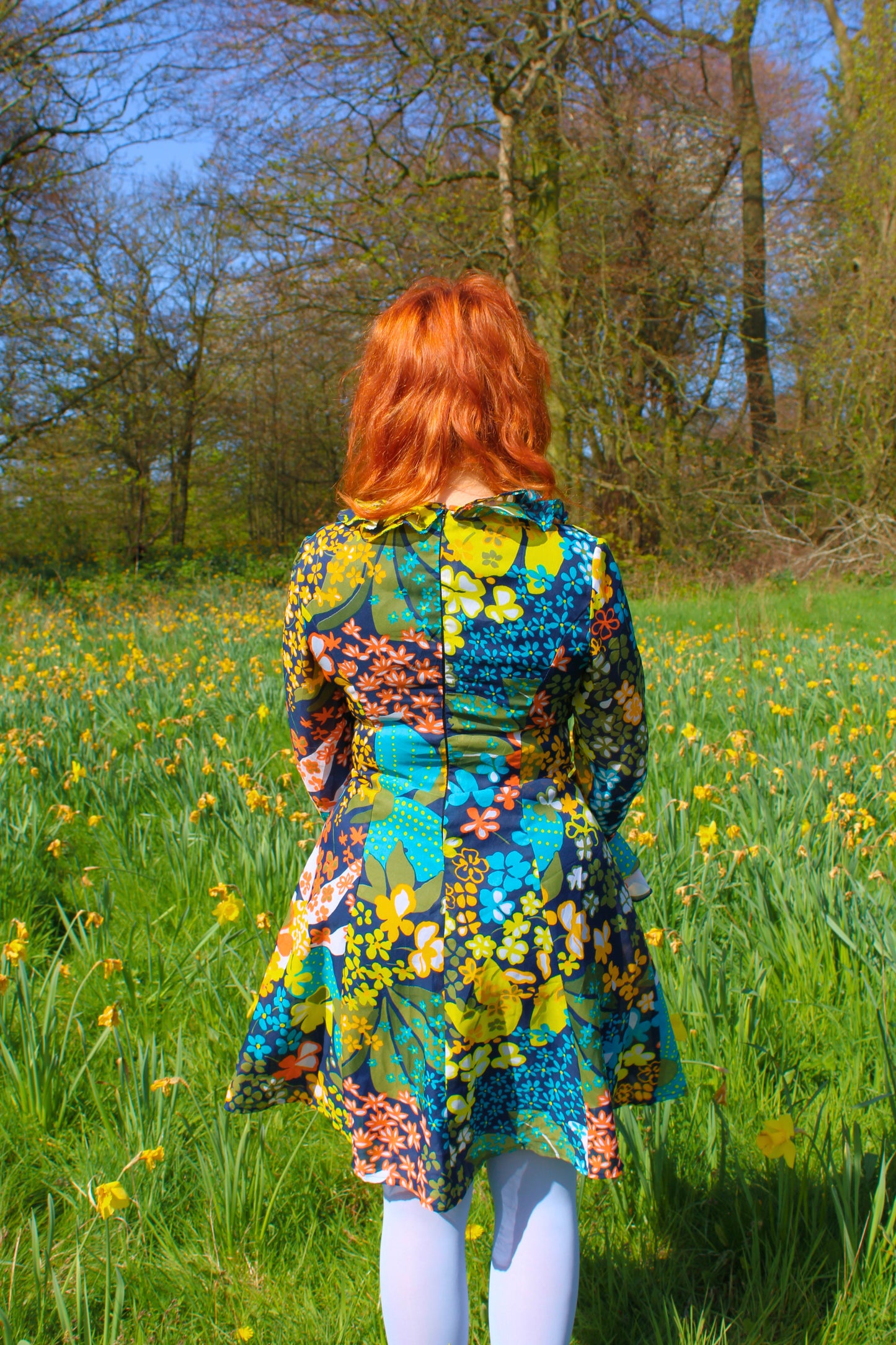 Vintage 70s Blue Floral Long Sleeve Frill Dress