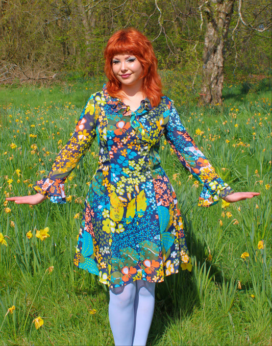 Vintage 70s Blue Floral Long Sleeve Frill Dress