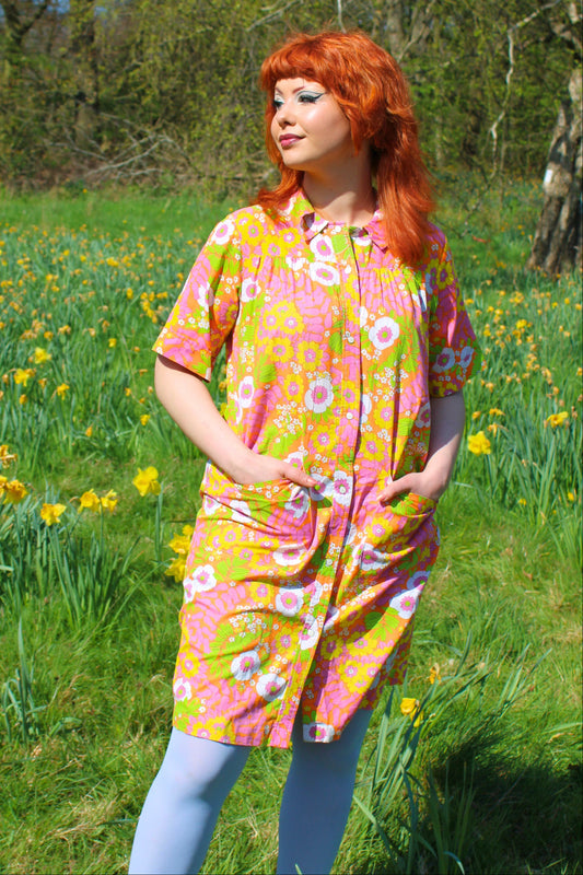 Vintage 60s Bright Orange Floral Mini Dress House Coat