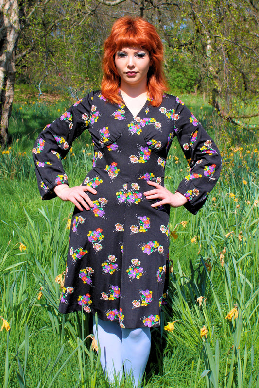 Vintage 70s Black Floral Midi Dress