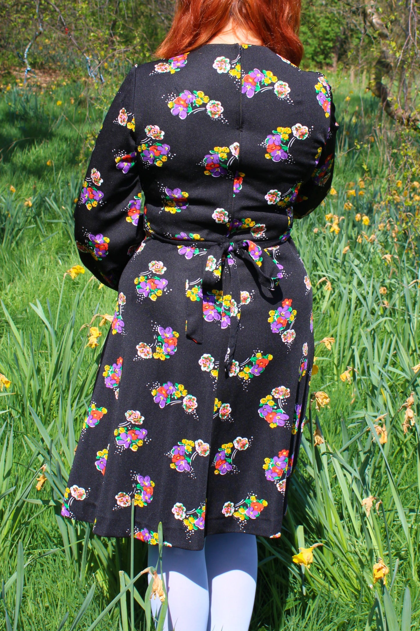Vintage 70s Black Floral Midi Dress