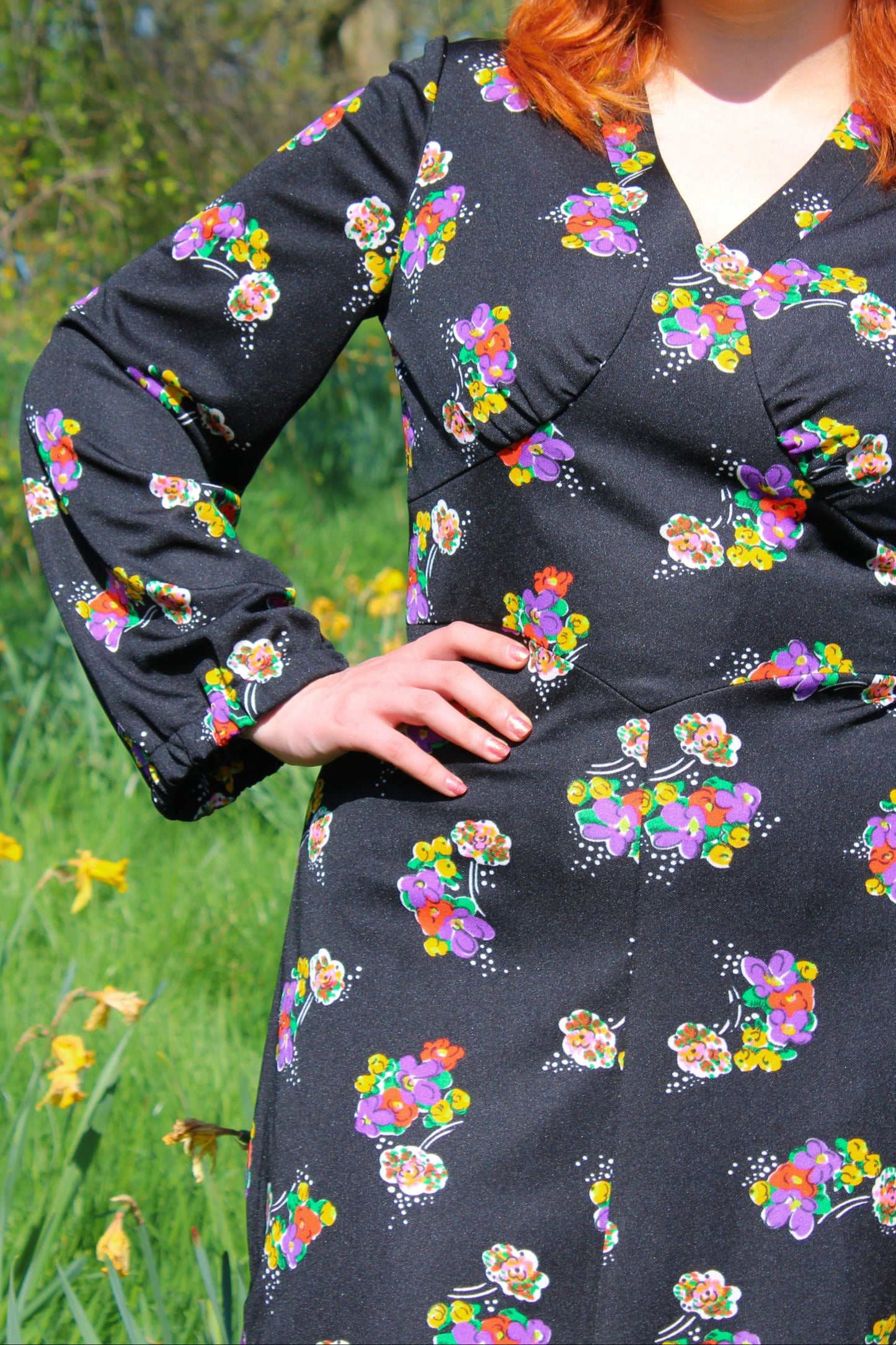 Vintage 70s Black Floral Midi Dress