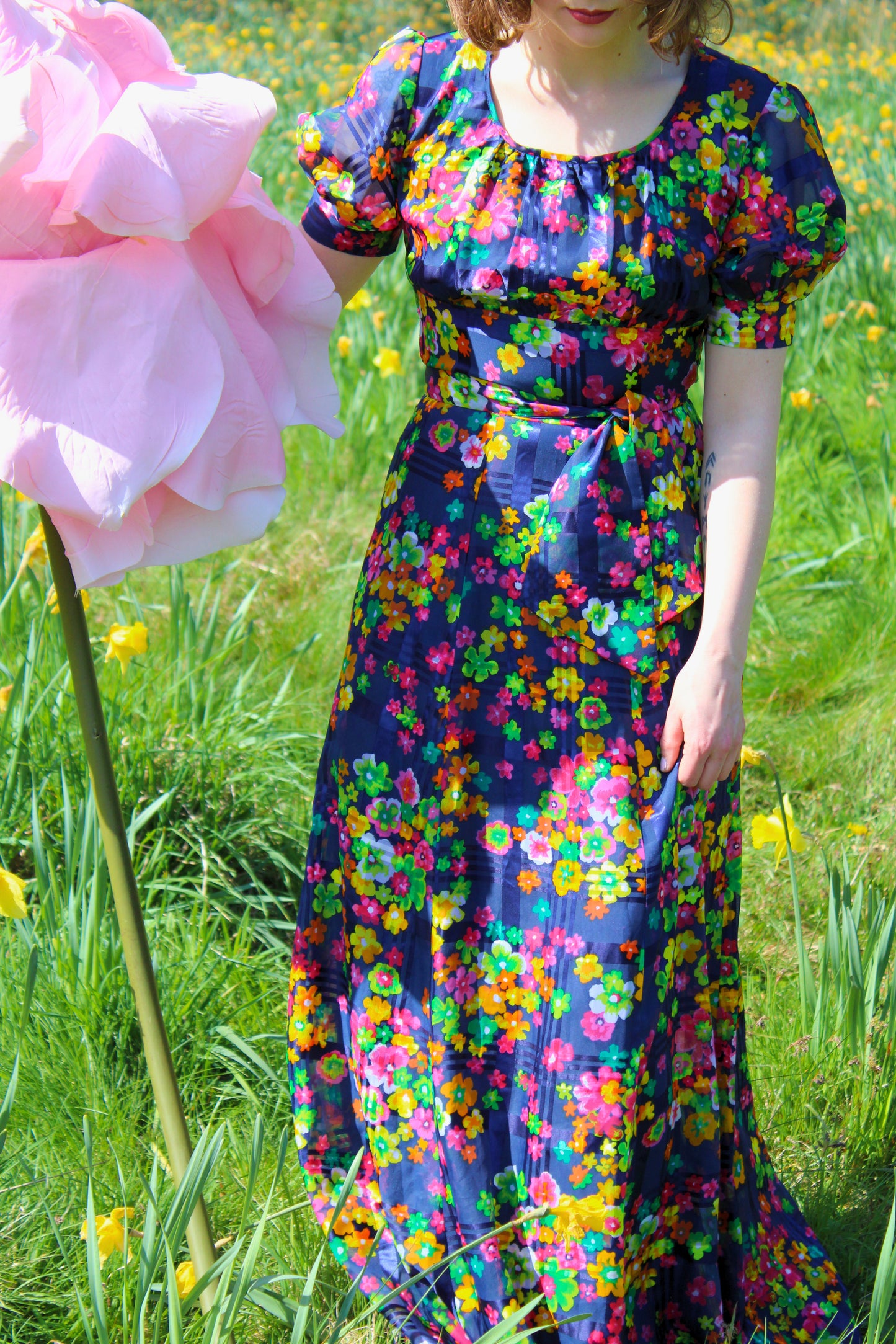 Vintage 70s Blue Colourful Floral Maxi Dress