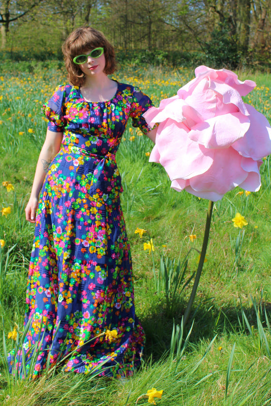 Vintage 70s Blue Colourful Floral Maxi Dress