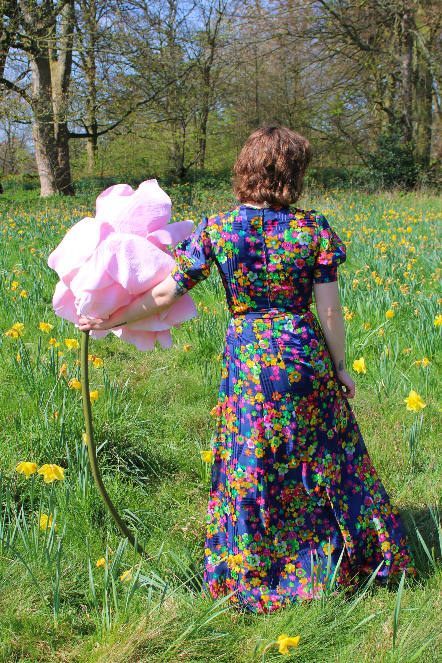 Vintage 70s Blue Colourful Floral Maxi Dress