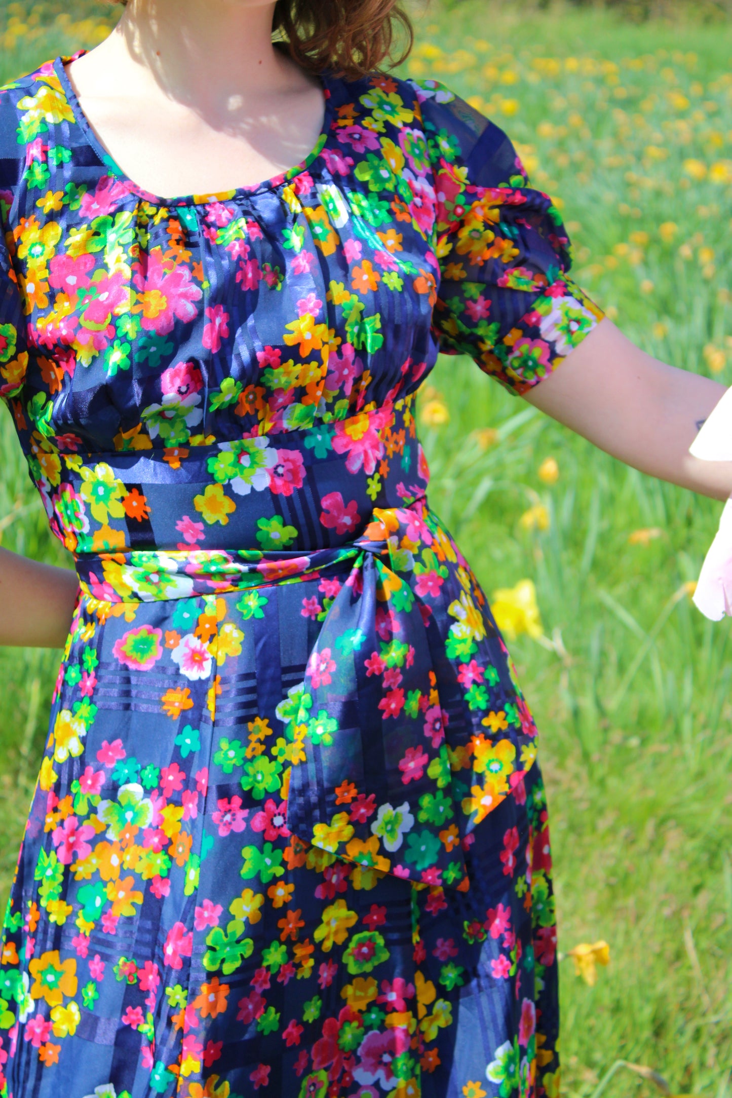 Vintage 70s Blue Colourful Floral Maxi Dress