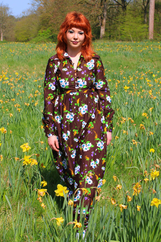 Vintage 70s Brown Floral Maxi Dress