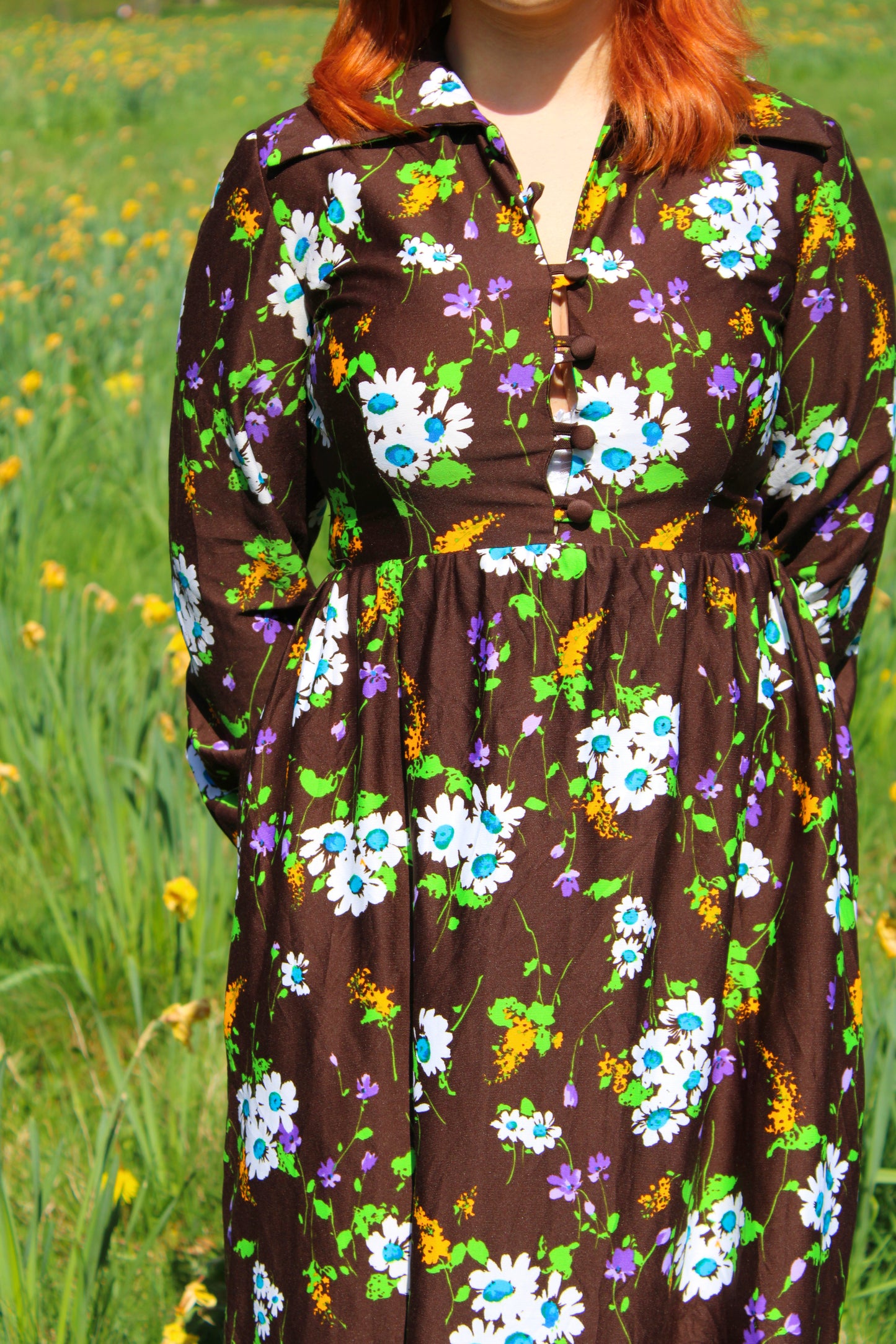 Vintage 70s Brown Floral Maxi Dress