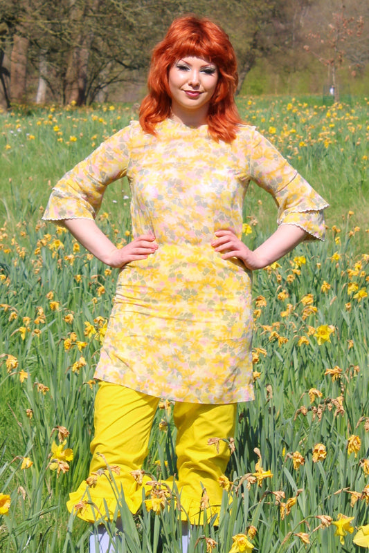 Vintage 70s Butter Yellow Floral Mini Dress