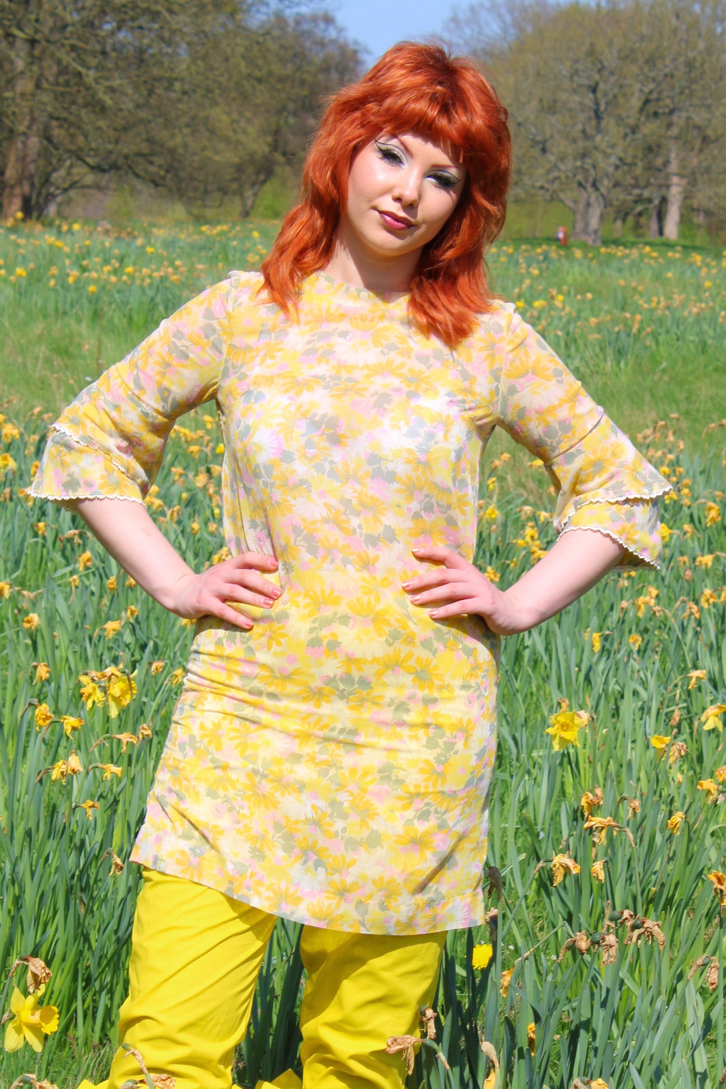 Vintage 70s Butter Yellow Floral Mini Dress