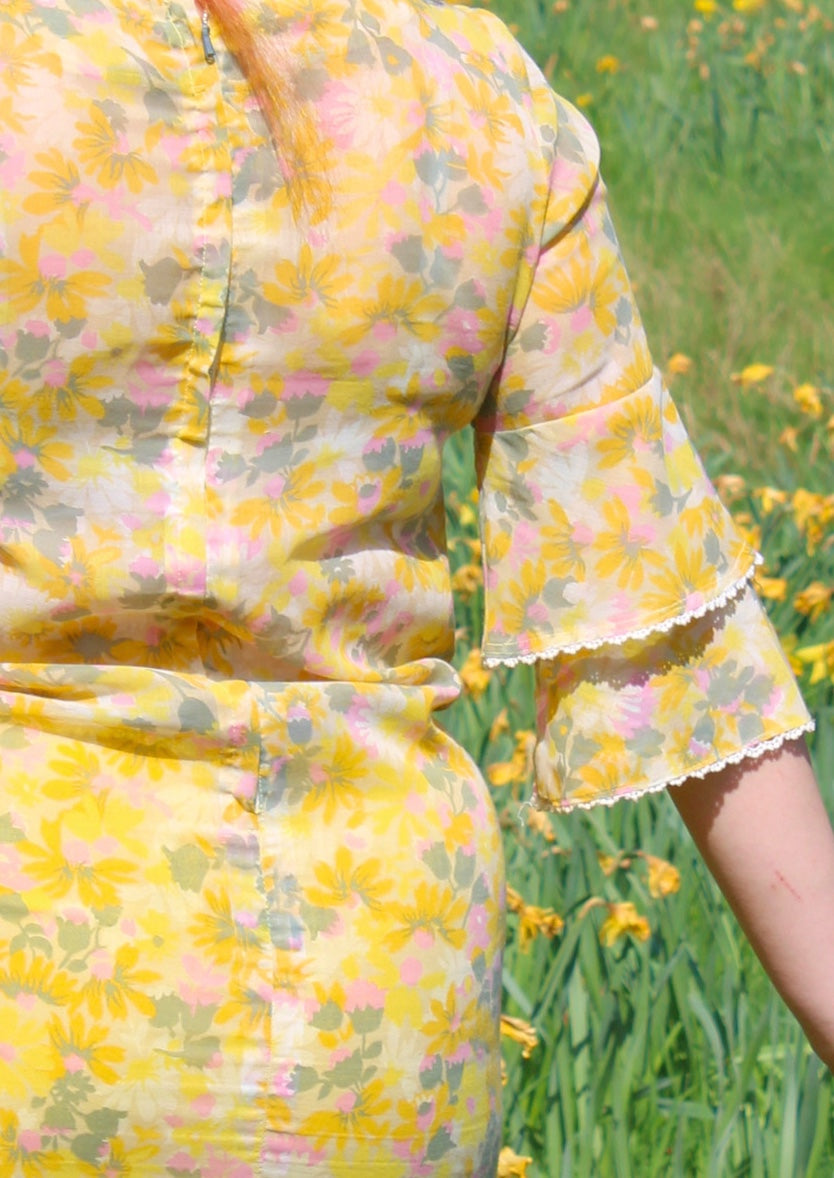 Vintage 70s Butter Yellow Floral Mini Dress