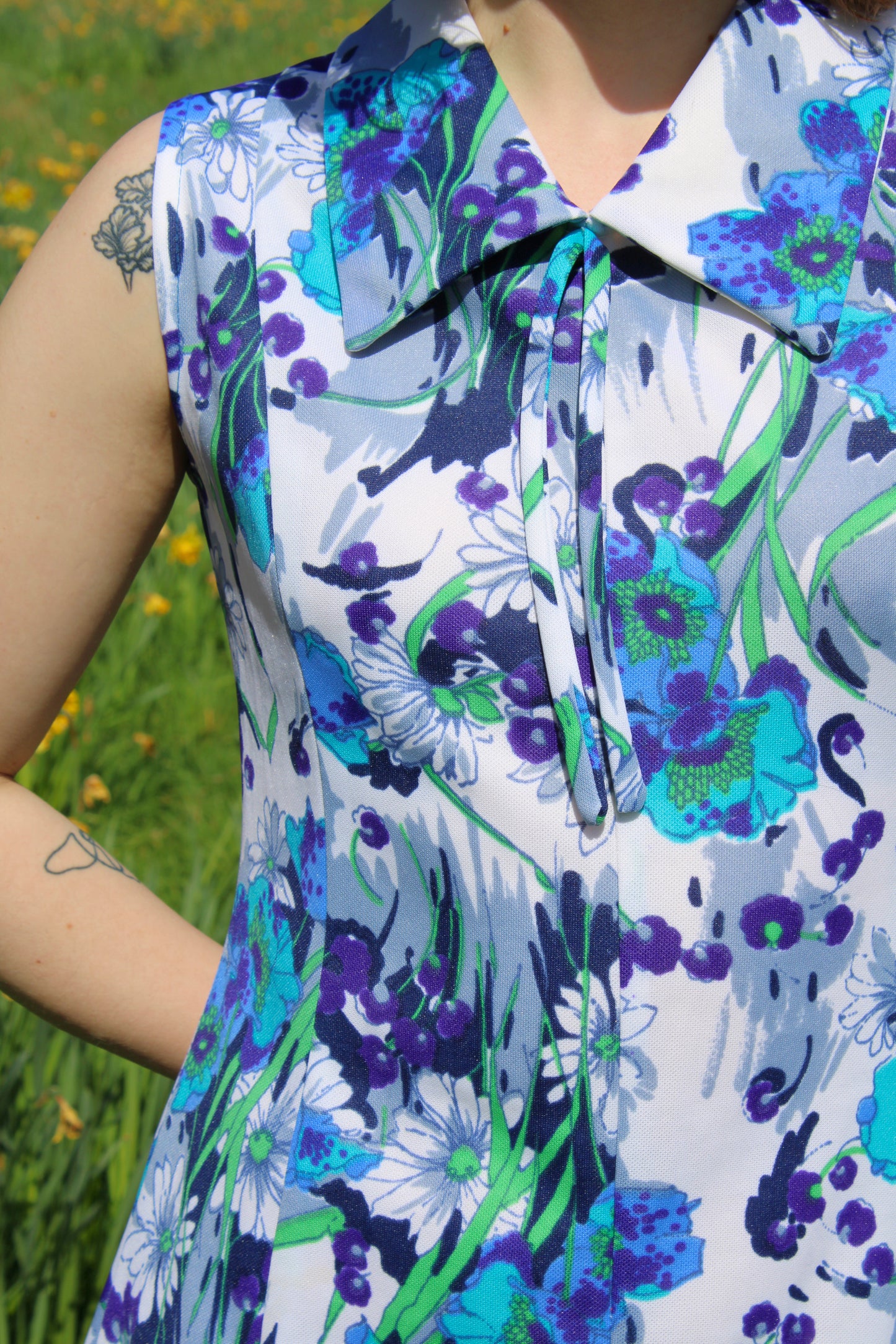 Vintage 70s Blue and White Floral Dress