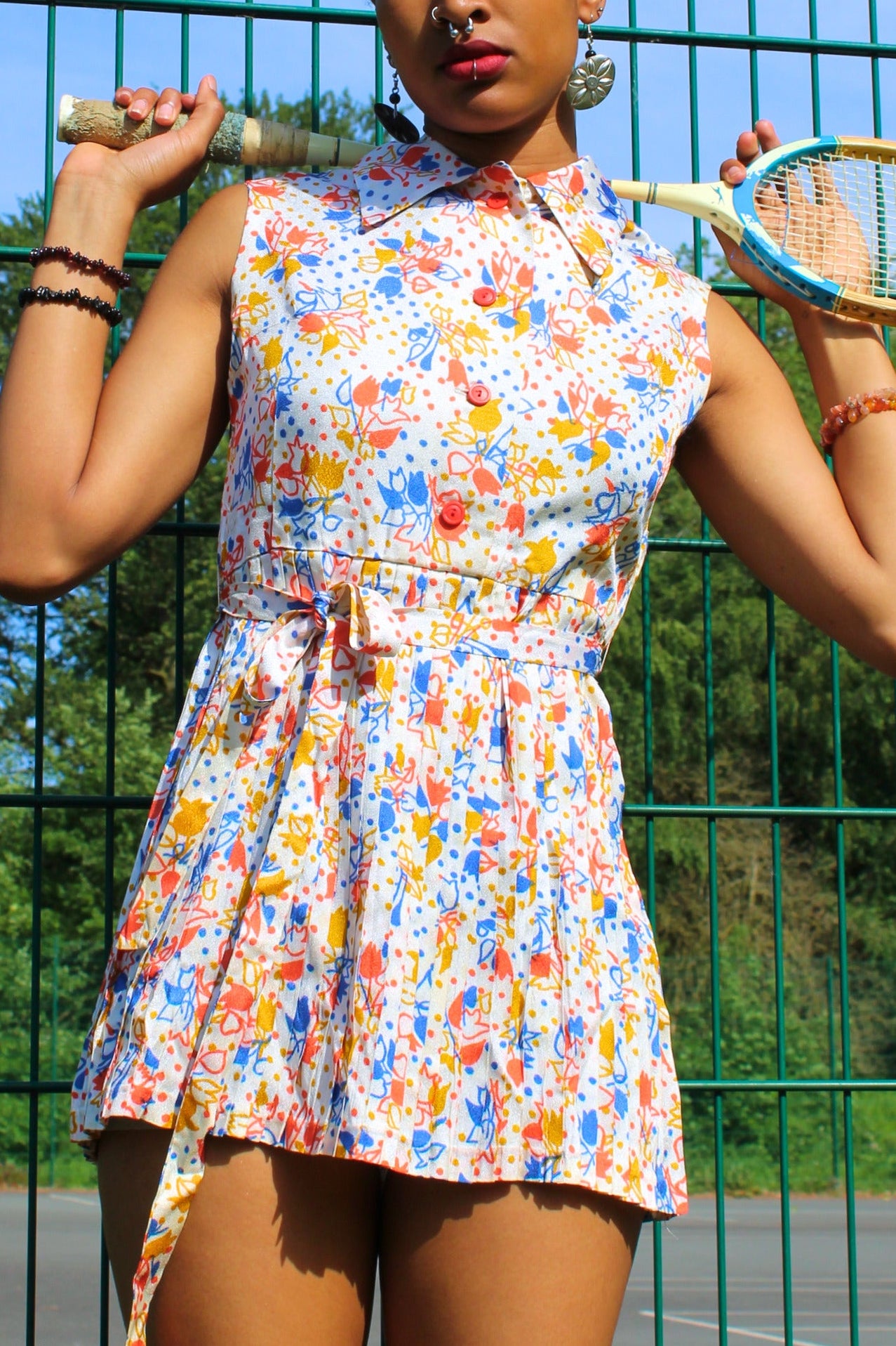 Vintage 60s Colourful Print Pleated Mini Dress