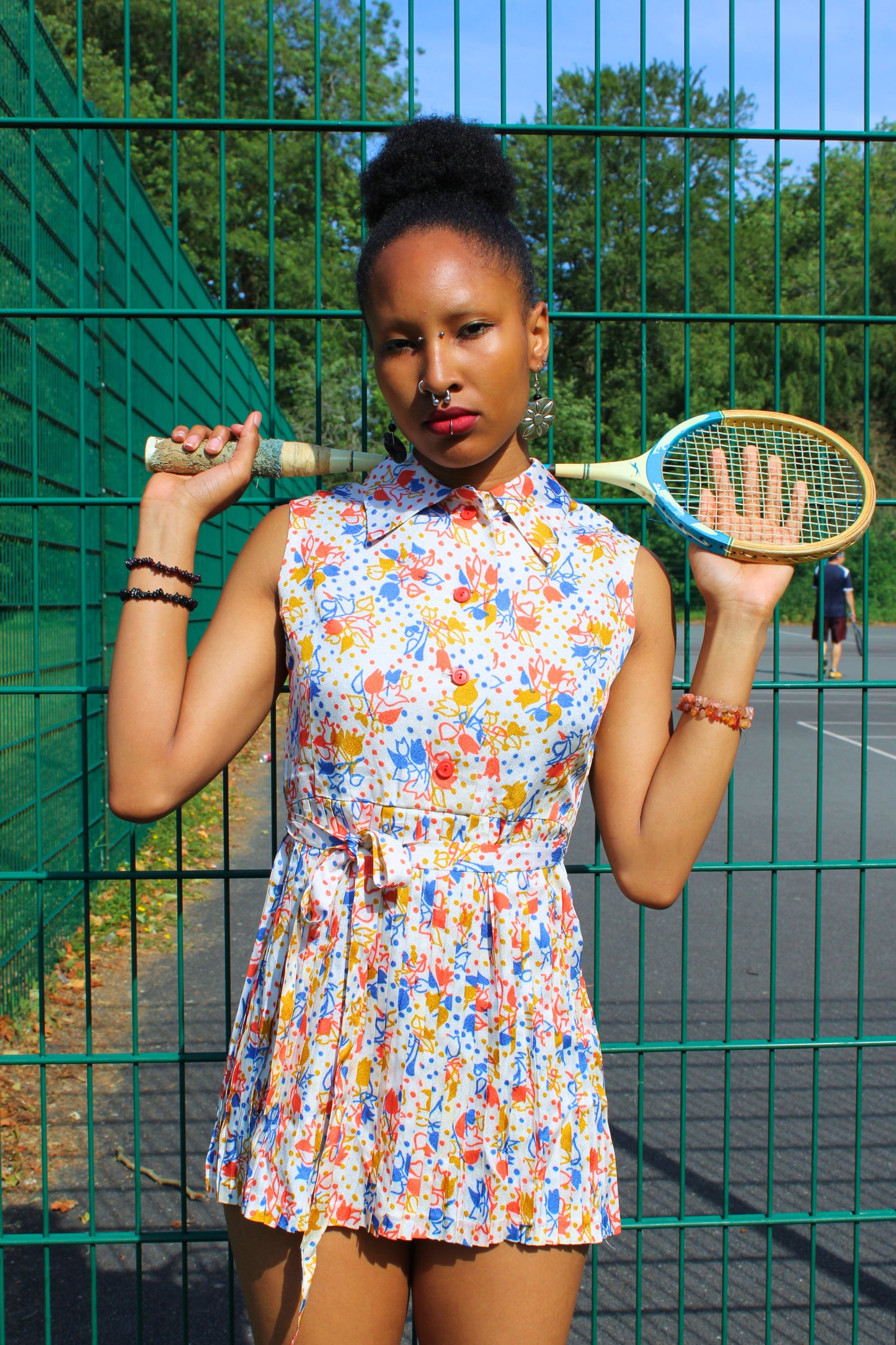 Vintage 60s Colourful Print Pleated Mini Dress
