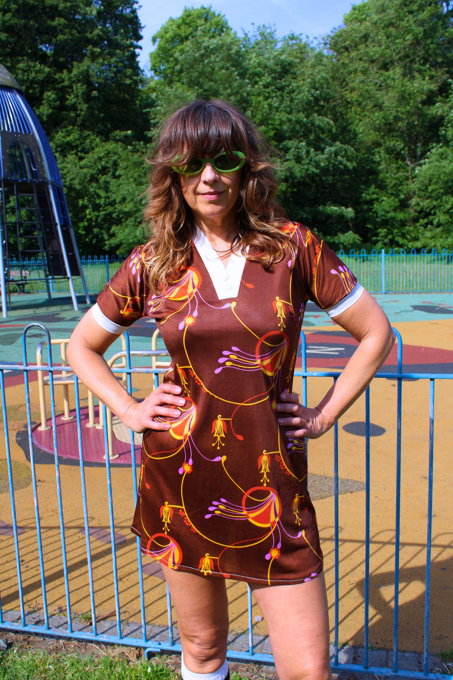 Vintage 70s Brown Psychedelic Mini Dress