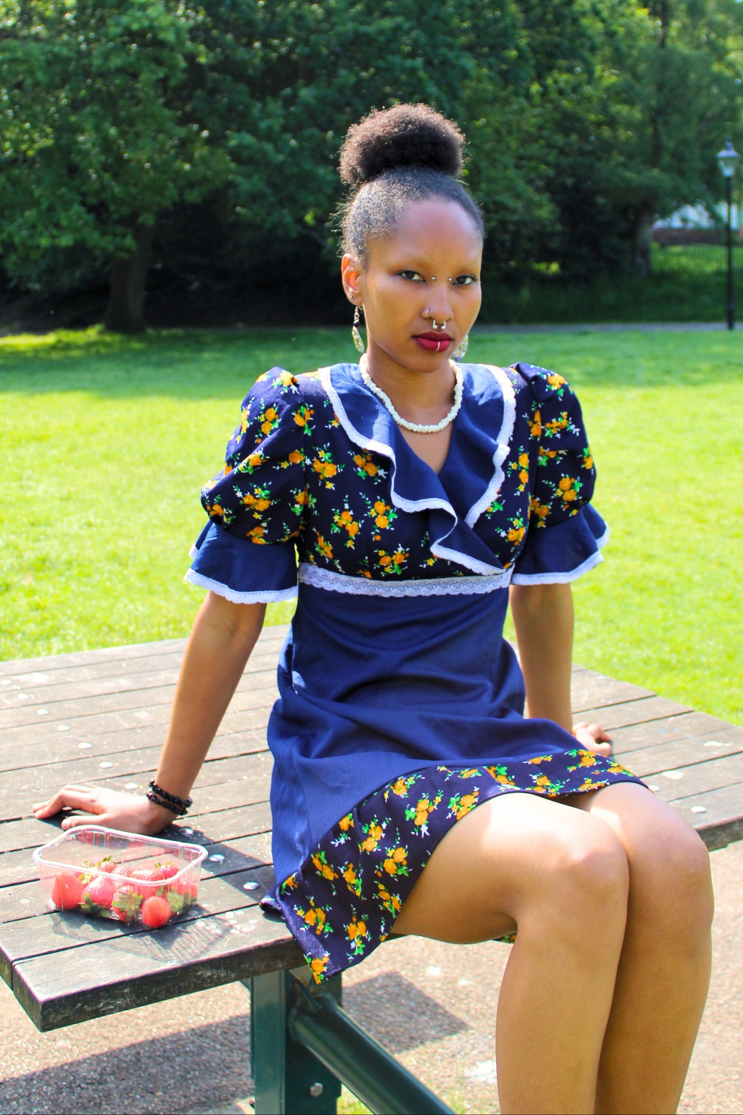 Vintage 70s Navy Blue Floral Frill Mini Dress