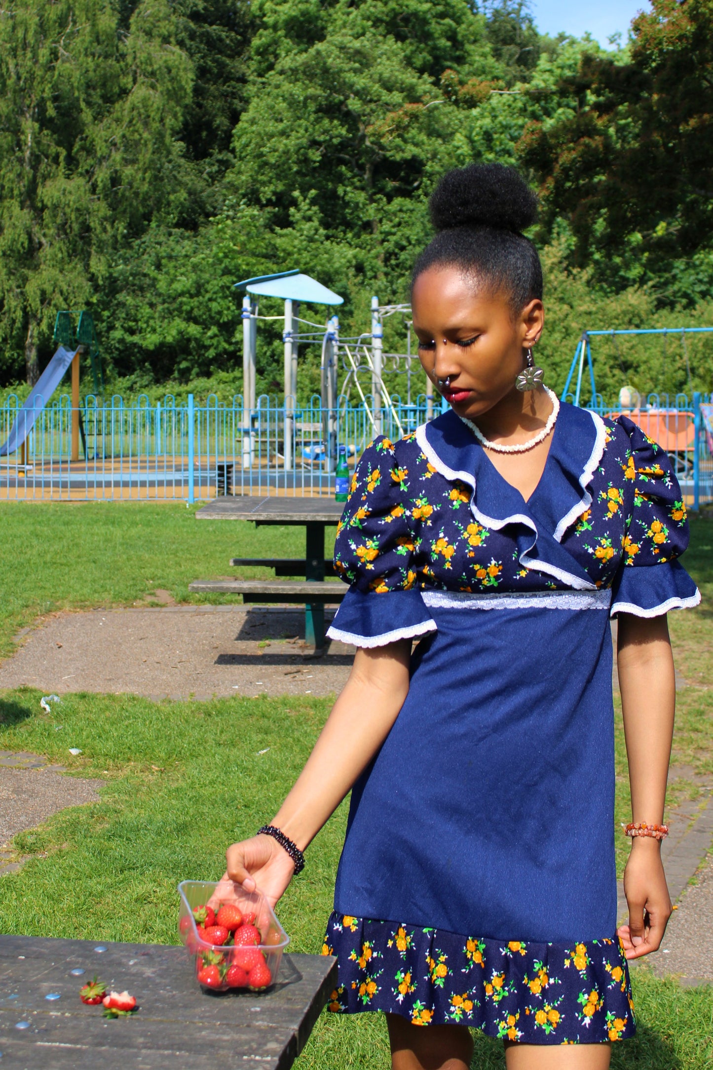 Vintage 70s Navy Blue Floral Frill Mini Dress