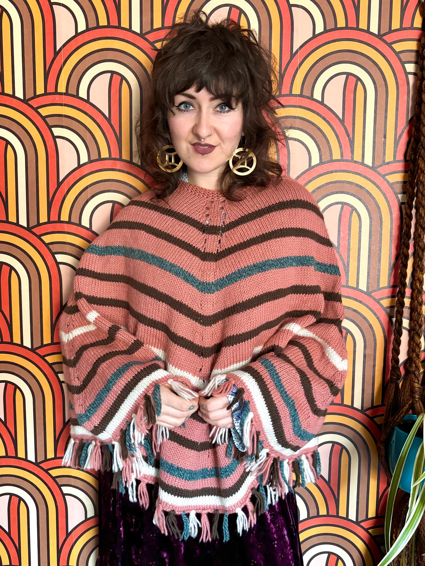 Vintage 70s Pink and Brown Knitted Poncho