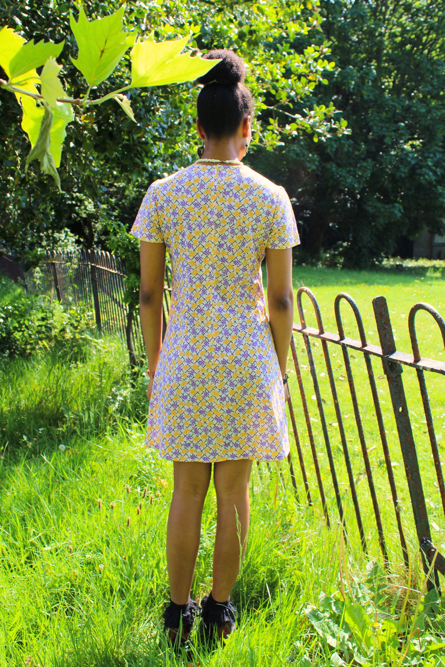 Vintage 70s White, Purple and Yellow Mini Dress