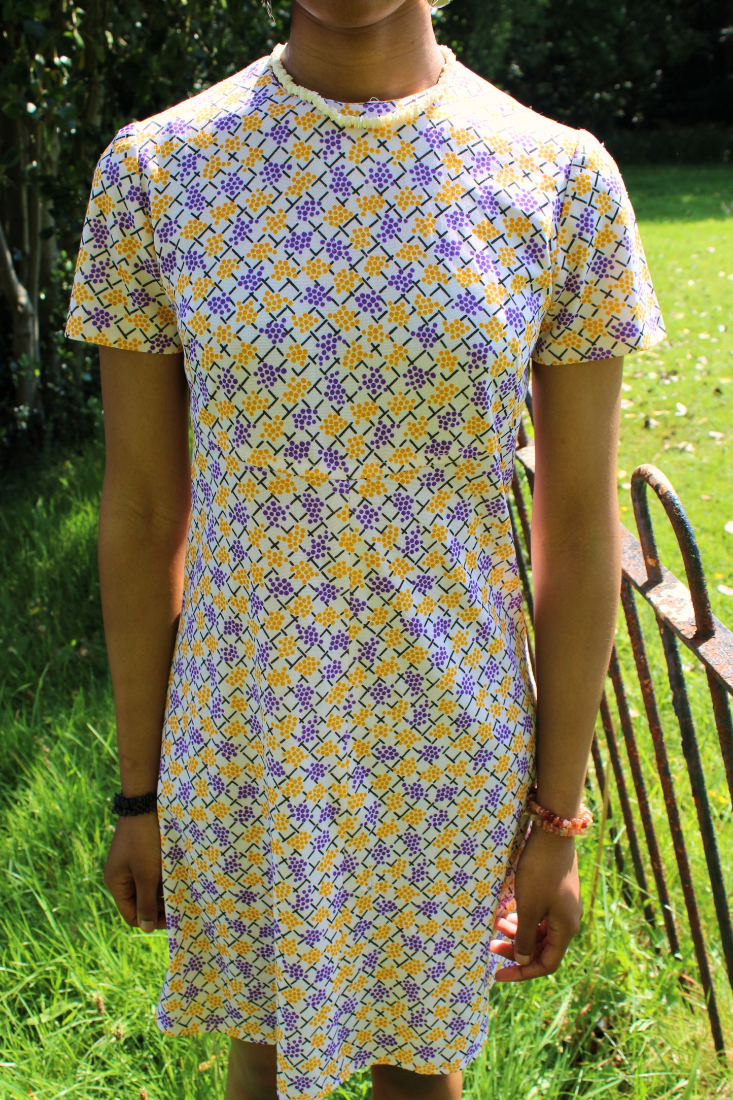 Vintage 70s White, Purple and Yellow Mini Dress