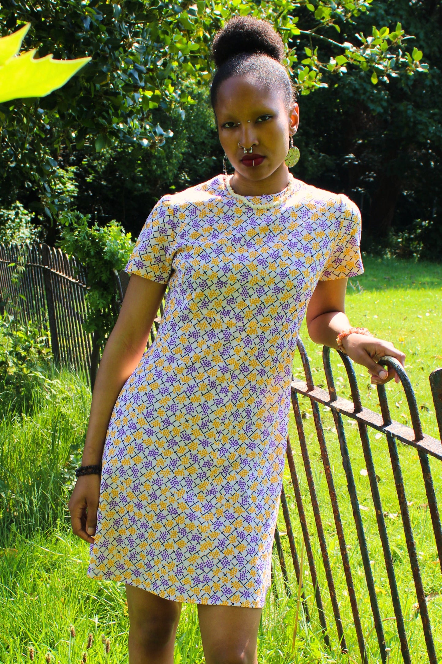 Vintage 70s White, Purple and Yellow Mini Dress
