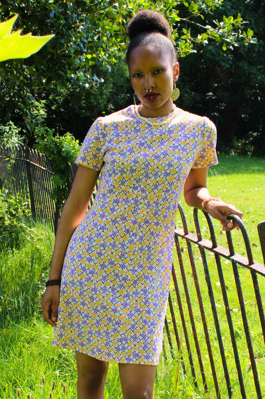Vintage 70s White, Purple and Yellow Mini Dress