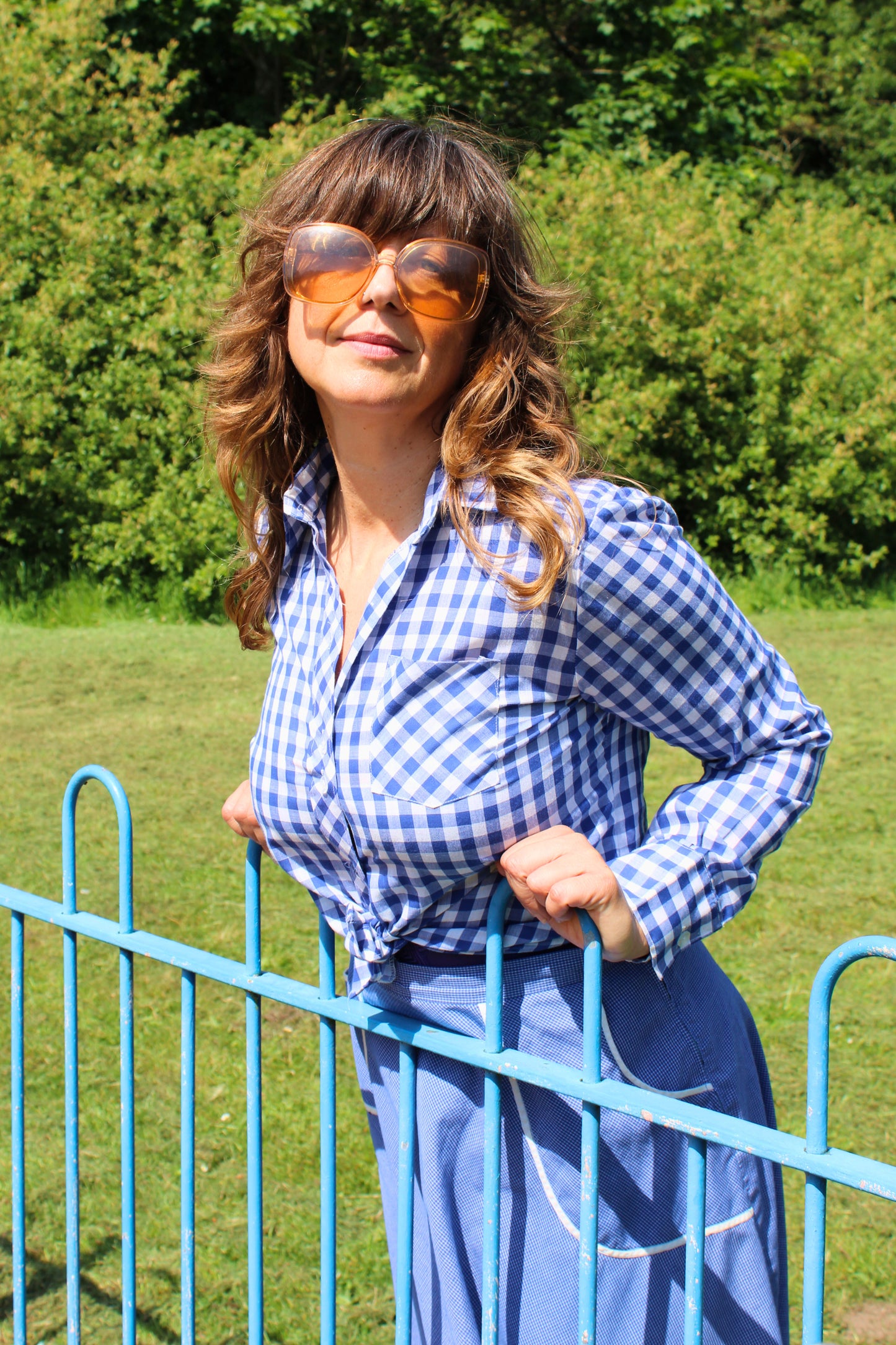 Vintage 70s Blue Gingham Cropped Shirt
