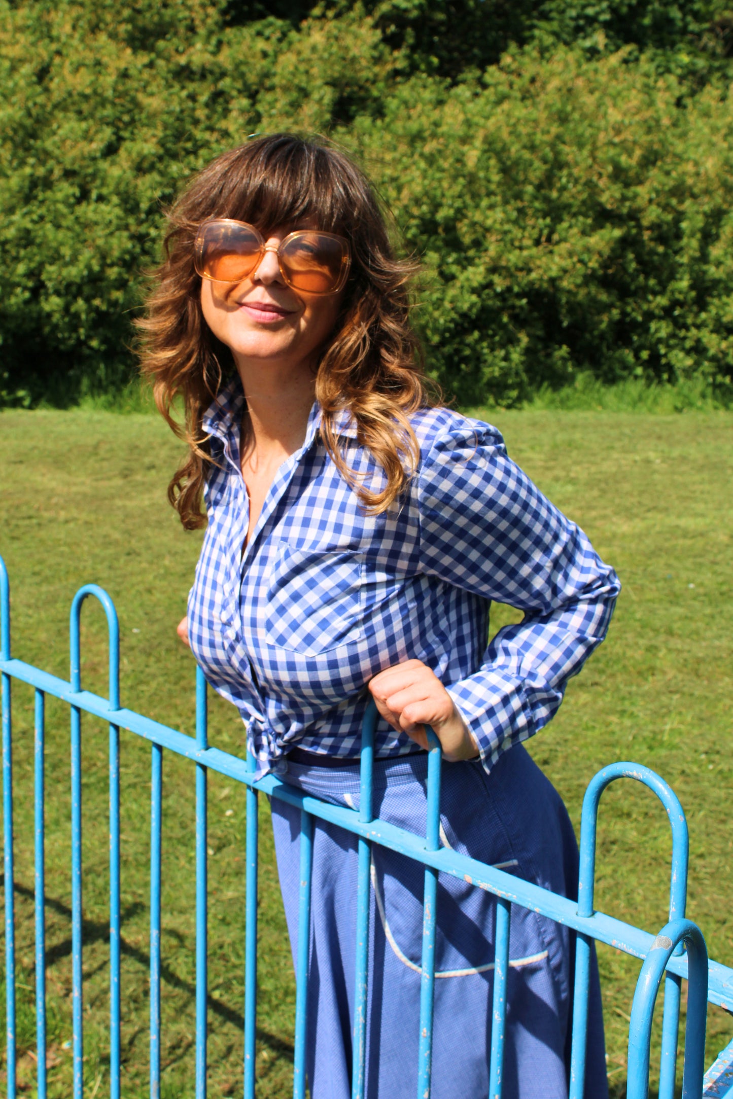 Vintage 70s Blue Gingham Cropped Shirt