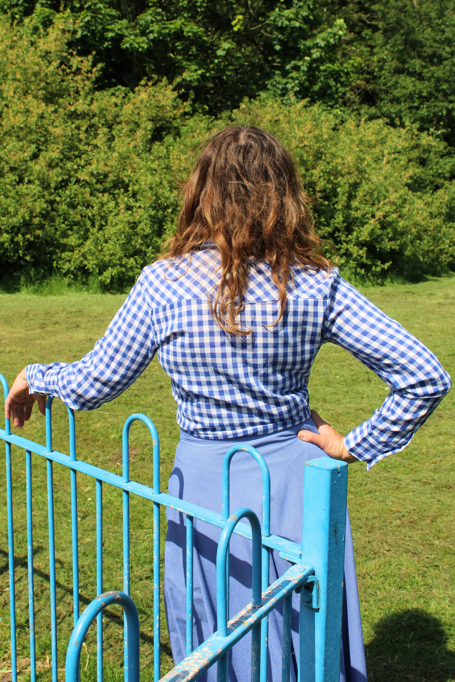 Vintage 70s Blue Gingham Cropped Shirt