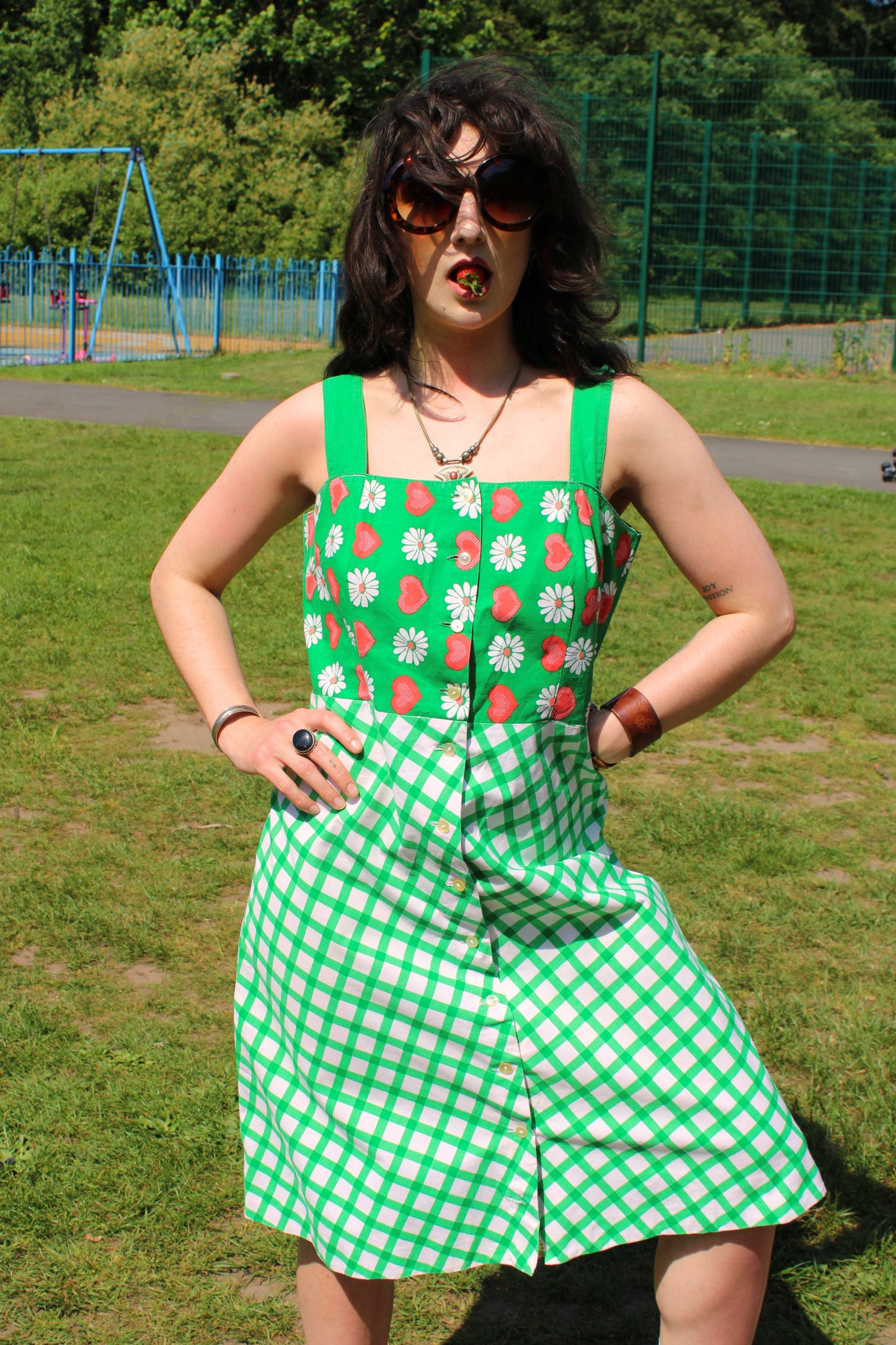 Vintage 70s Green Gingham Sun Dress