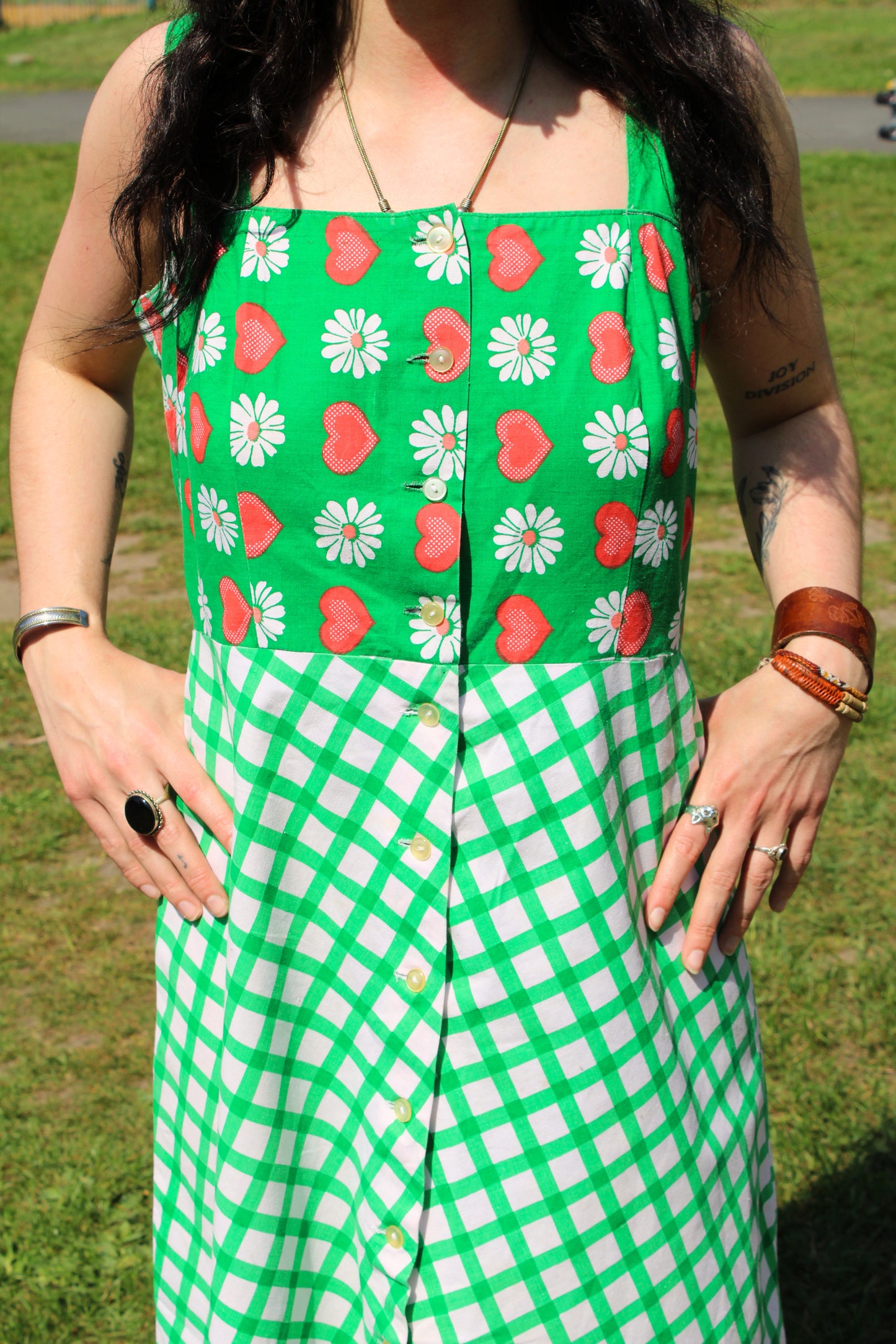 Vintage 70s Green Gingham Sun Dress