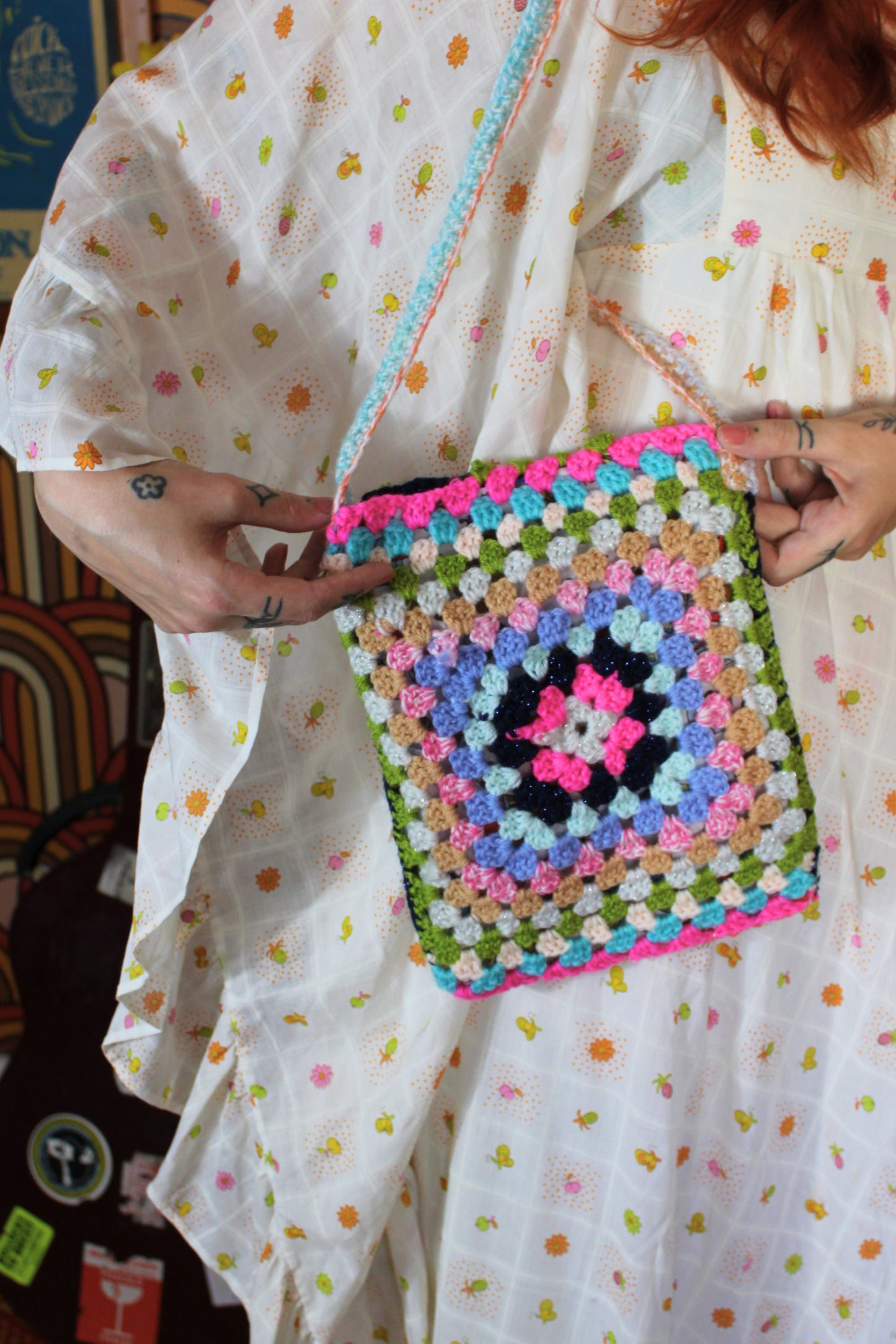 Vintage Colourful Crochet Cross Body Bag