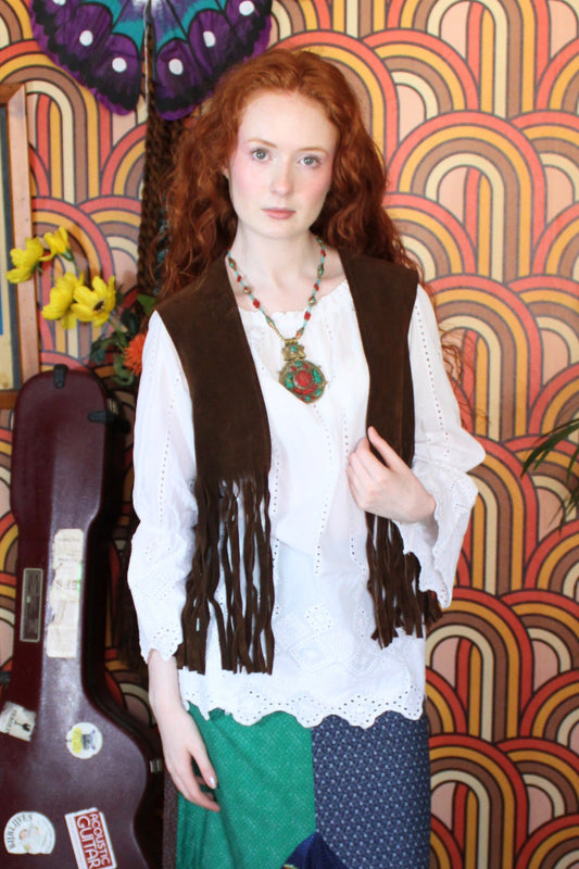 Vintage 70s Brown Suede Fringe Waistcoat