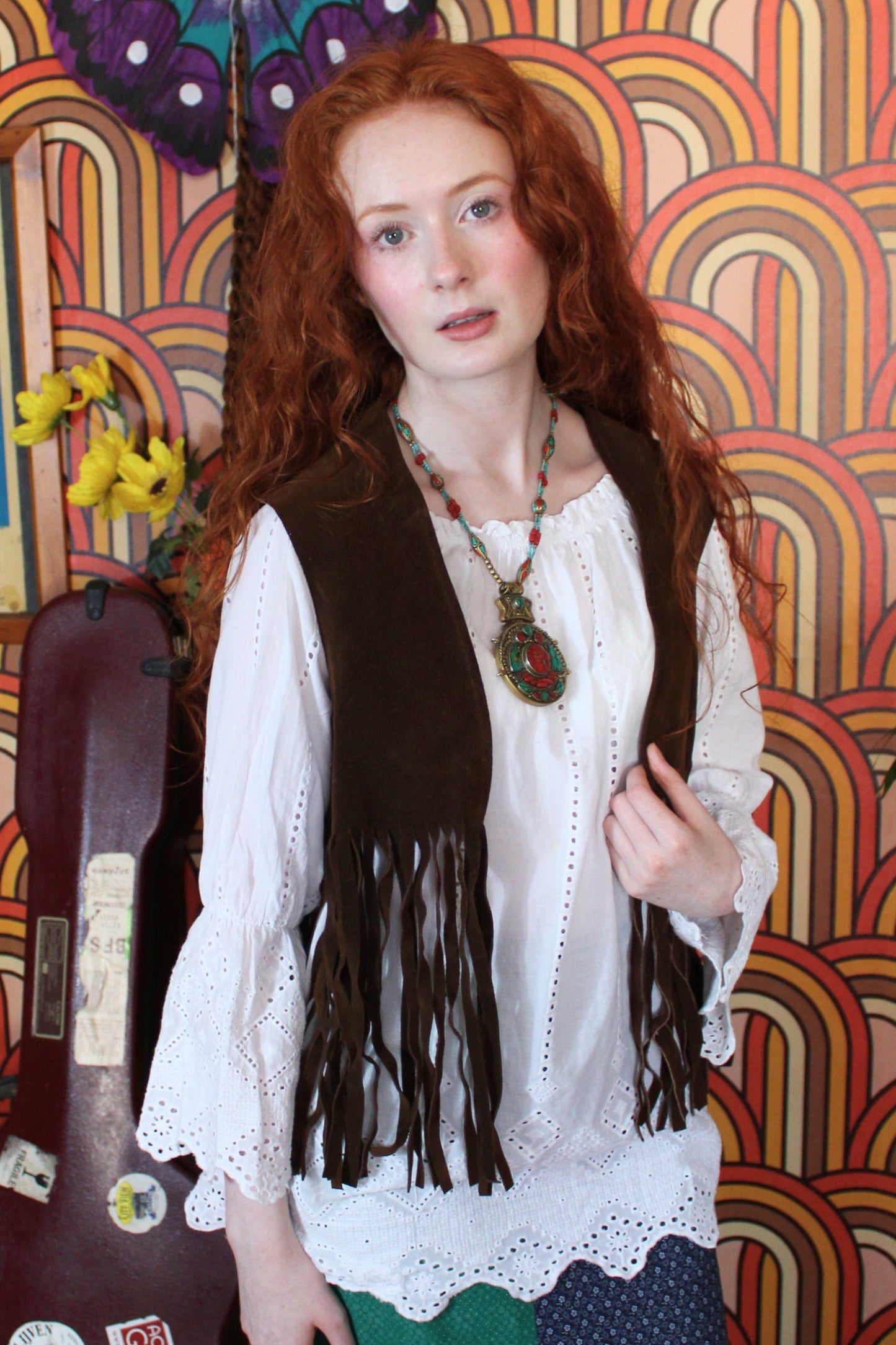 Vintage 70s Brown Suede Fringe Waistcoat