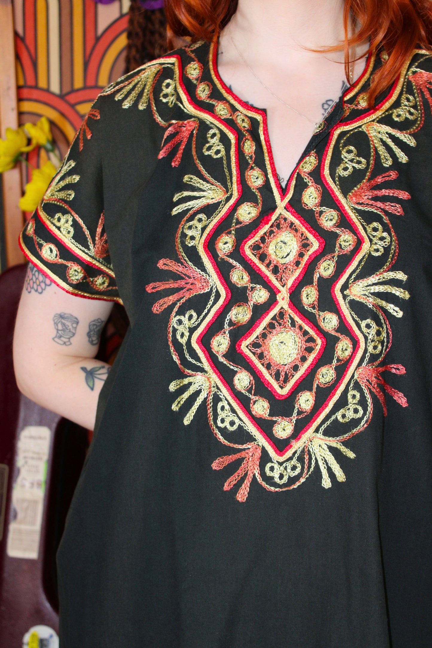 Vintage 70s Black Embroidered Kaftan
