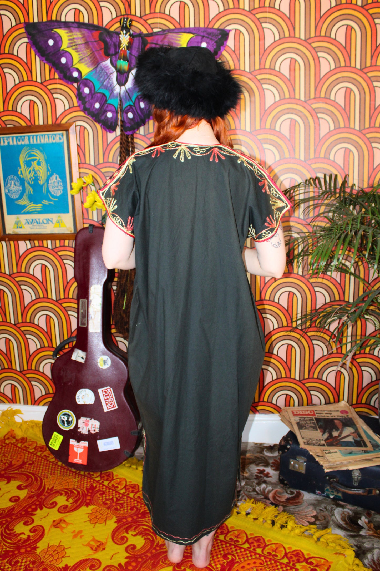 Vintage 70s Black Embroidered Kaftan