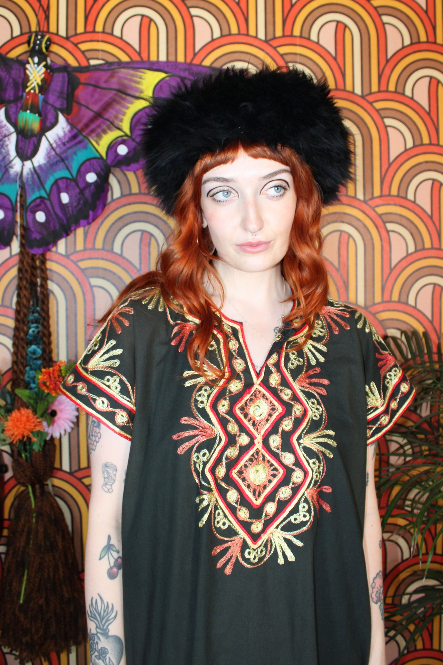 Vintage 70s Black Embroidered Kaftan