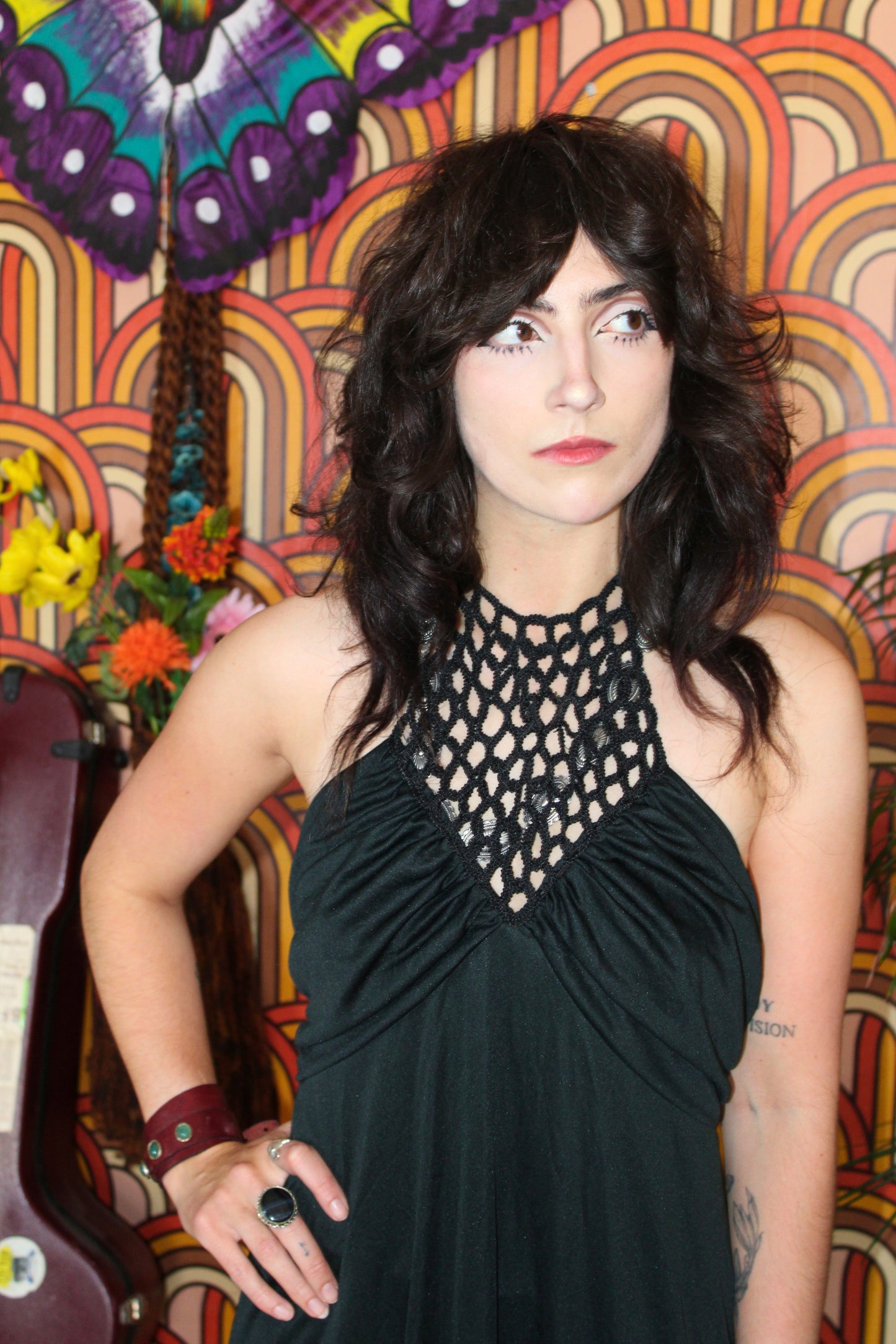 Vintage 70s Black Crochet Halter Maxi Dress
